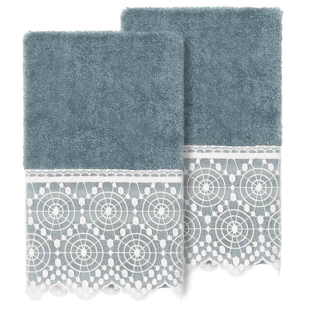 Authentic Hotel and Spa 100% Turkish Cotton Arian 2PC Cream Lace Embellished Hand Towel Set - Teal