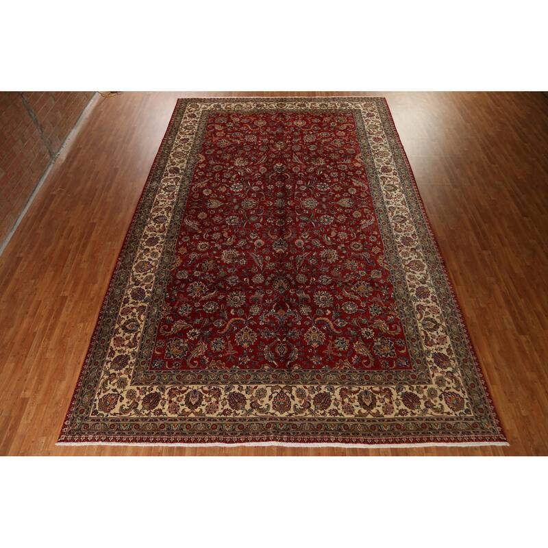 Hand Knotted Oriental 100% Wool Carpet Traditional All-Over Red Tabriz Area Rug - 16' 7'' X 10' 11''