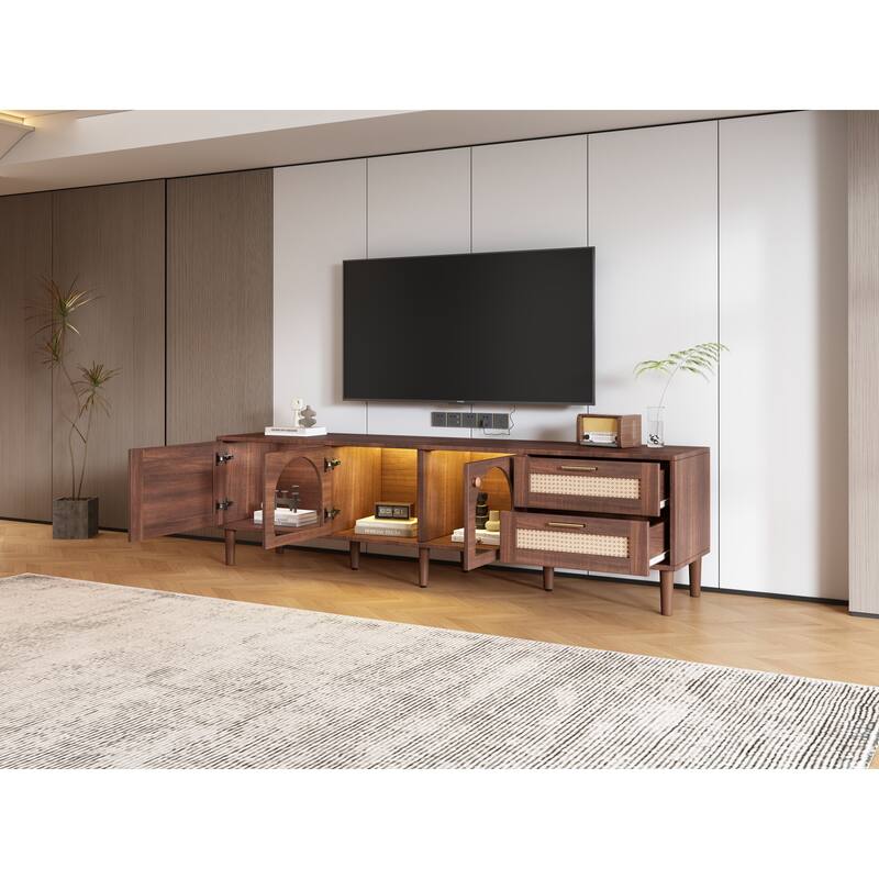 Roomfitters 70 Inch TV Stand for TVs up to 80 Inch, Modern Media Console with App-Controlled LED Lights & Glass Doors, Brown