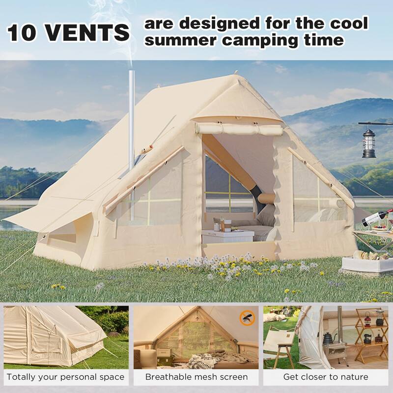 Erommy Inflatable Camping Tent, Glamping Tents 4 Season Waterproof Windproof Cotton Tent with Stove Jack & Mesh Windows & Pump