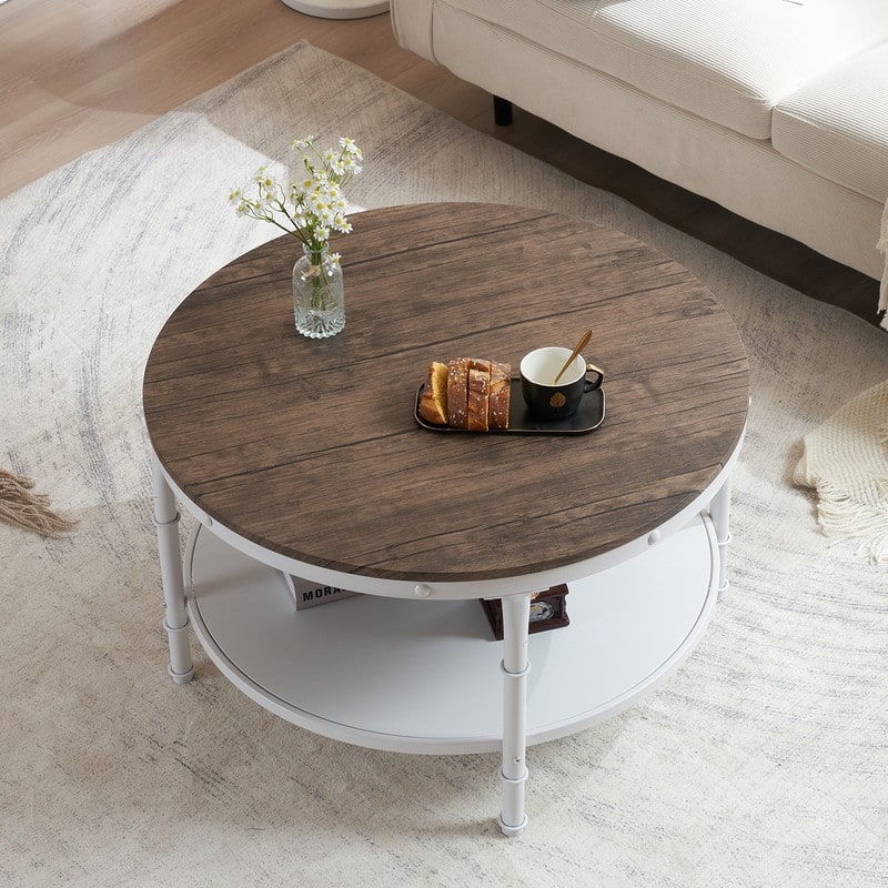 Double-layer Round Dark Walnut-colored Black-veined MDF Panel, White Wrinkled Baked Iron Frame, Industrial Style Coffee Table
