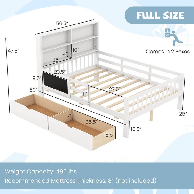 Costway Twin/Full Size Bed Frame with 2 Drawers Bookcase & Blackboard