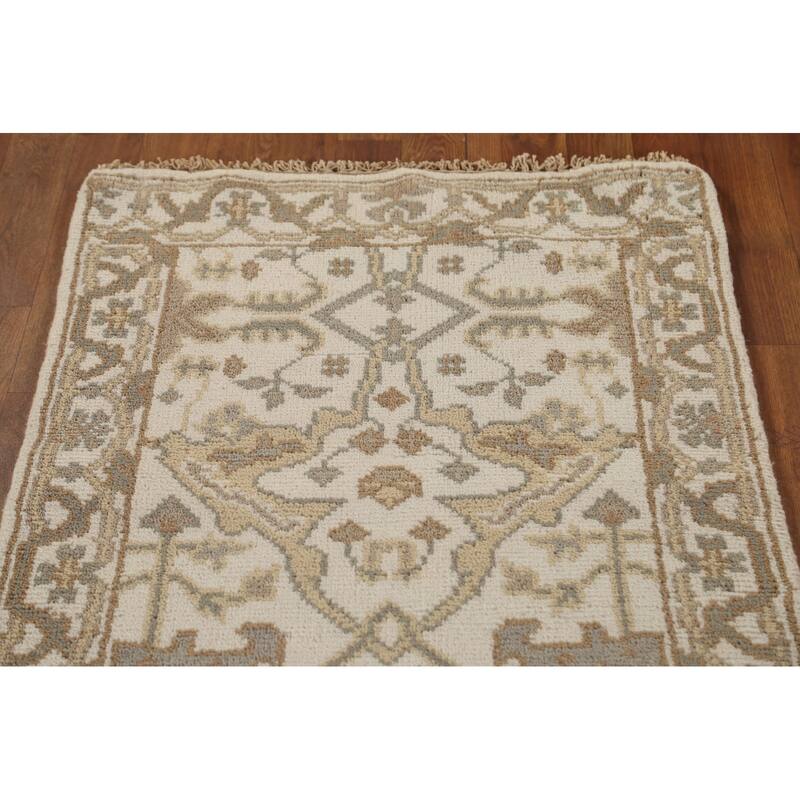 All-Over Ivory Oushak Oriental Runner Rug Hand-Knotted Wool Carpet - 2'6"x 11'9"
