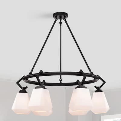 Chandelier Matte Black w/Frosted Glass Shades 6-Light 28-Inch Wagon Wheel