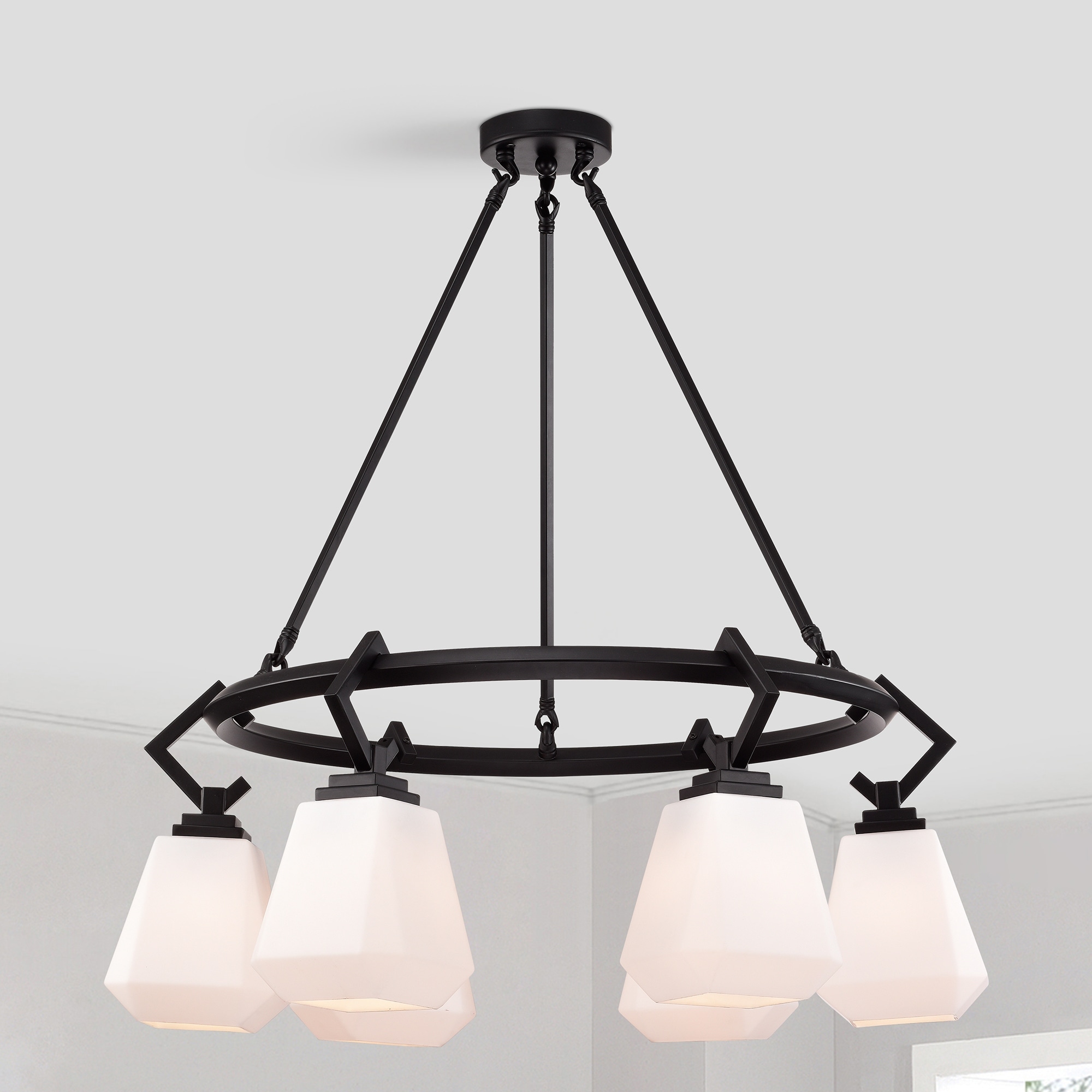 Warehouse of Tiffany Chandelier Matte Black w/Frosted Glass Shades 6-Light 28-Inch Wagon Wheel