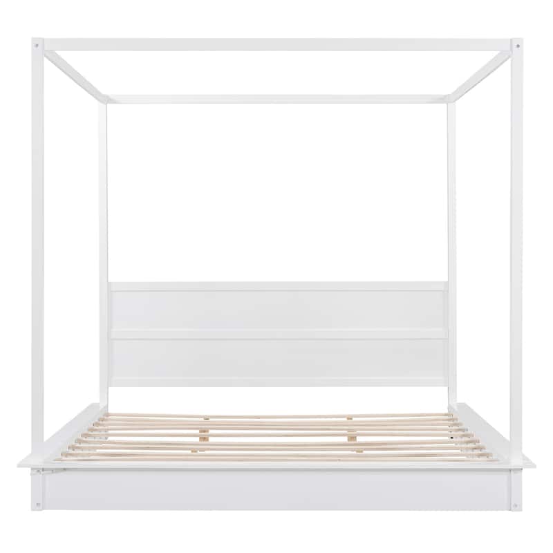 Wooden Canopy Bed with Brushed-effect Finish Master Bedroom Bed White Canopy Bed LED Platform Bed with Top Canopy Rails