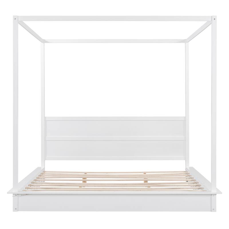 Wooden LED Four Poster Canopy Bed, Canopy Platform Bed with Support Slats, No Box Spring Needed