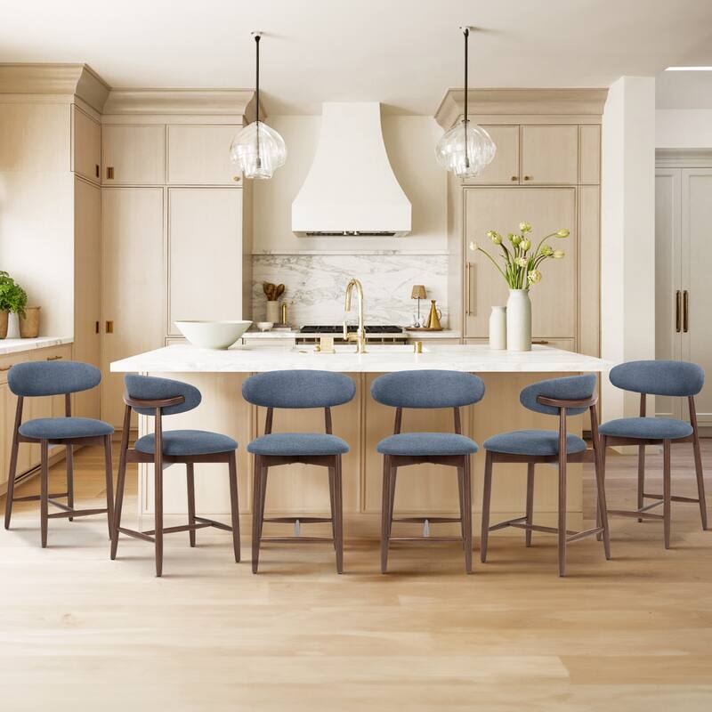 Mid-Century Modern Upholstered Bar Stools with Backrest - Solid Wood Legs Counter Height Stools
