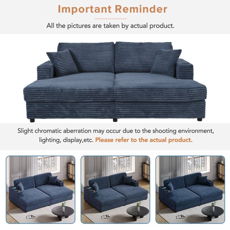 86.5" Corduroy Chaise Lounge Sofa with 2 USB Ports, Cup Holders, and 550lb Capacity