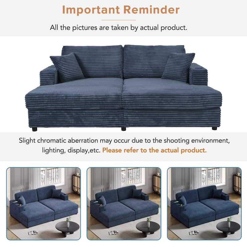 Roomfitters Oversized Loveseat Chaise Lounge Sectional Sofa Bed, Corduroy Sleeper with USB Ports, Cup Holders