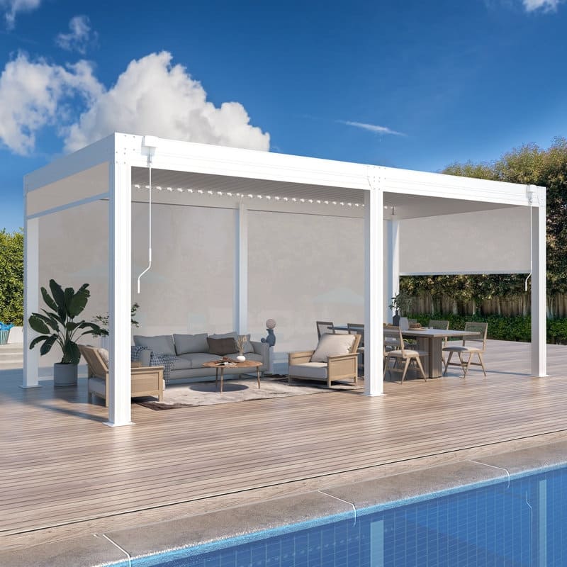 EROMMY Outdoor Louvered Pergola Gazebo with Adjustable Aluminum Rainproof Roof and Pull-Down Screen
