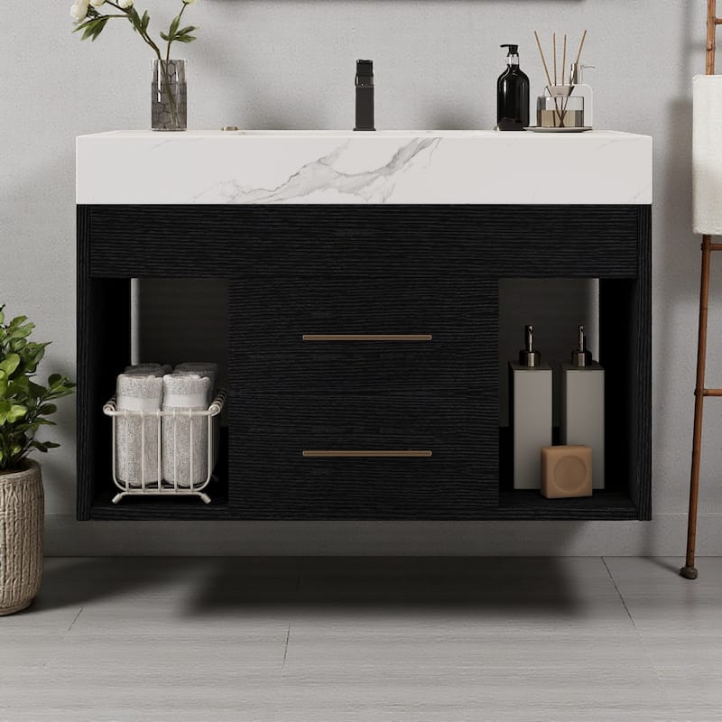 29.9" Floating Bathroom Vanity with Sintered Stone Top, Ceramic Undermount Sink, Soft-Close Drawers for Small Modern Bathrooms - Black