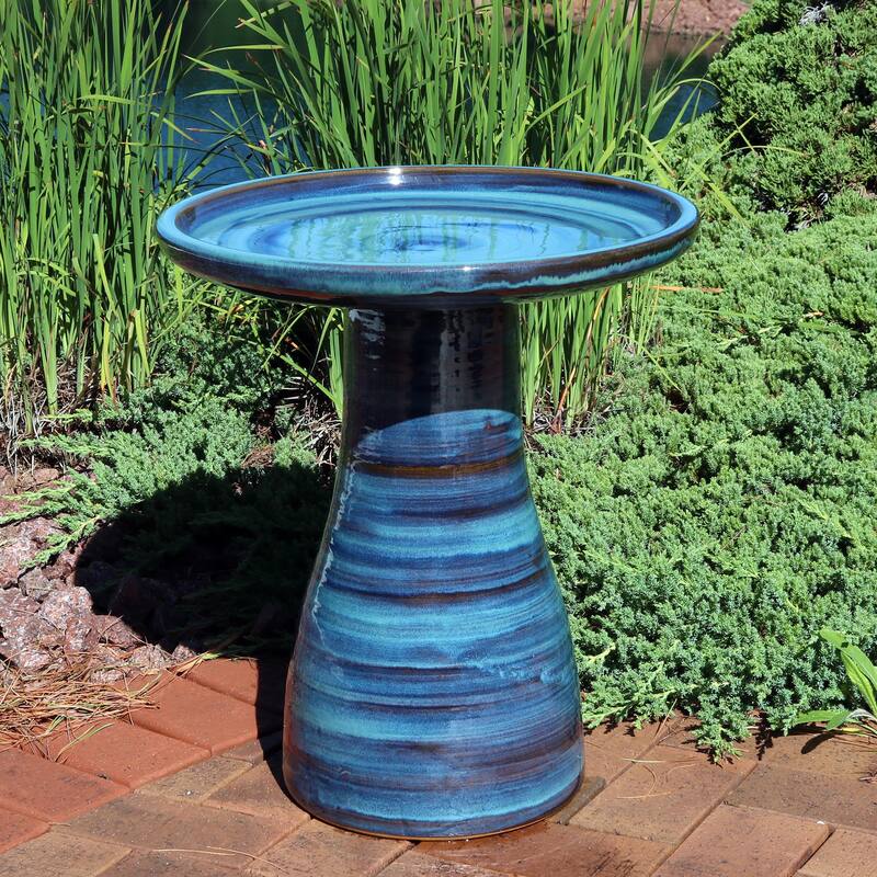 Sunnydaze Glazed Ceramic Outdoor Bird Bath - 18" - UV/Frost Resistant - Brown/Blue