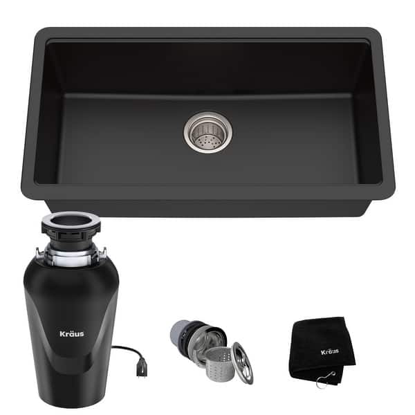 slide 13 of 19, KRAUS Granite Black Onyx 31 inch 1-Bowl Undermount Kitchen Sink 30 1/2" L x 17" W (sink KGU-413B) w/ KWD100-75MBL