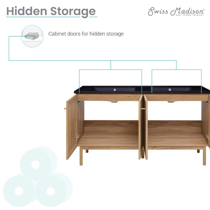 Classe 60 In. Brown Oak, Double Basin Bathroom Vanity With Black, 3-Hole Artificial Stone Sink Top