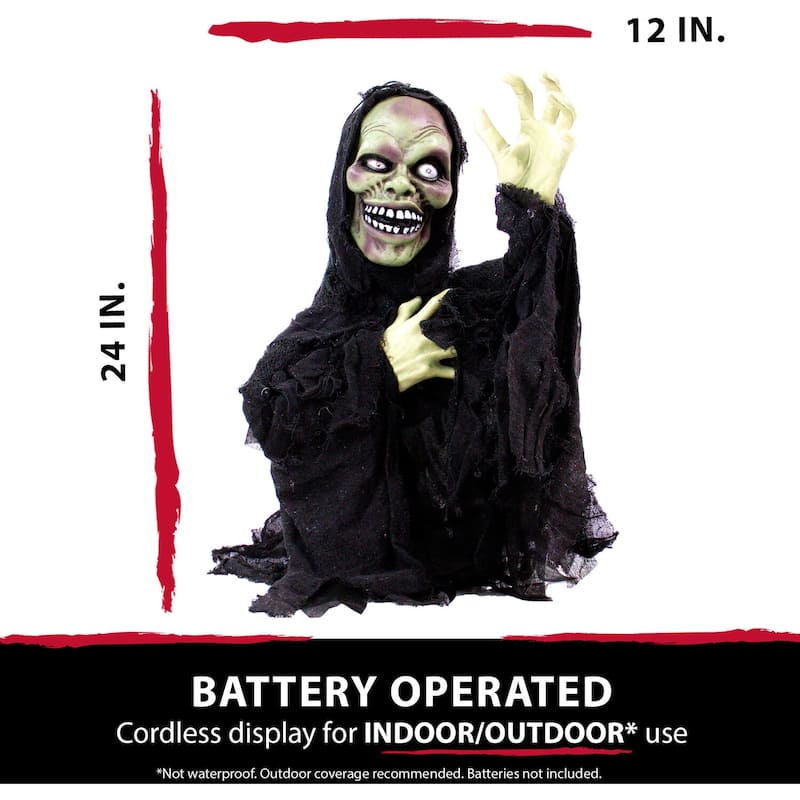 Haunted Hill Farm 24 In. Pop-Up Animatronic Ghoul, Indoor/Outdoor Halloween Decoration, Flashing Red Eyes, Poseable, Battery