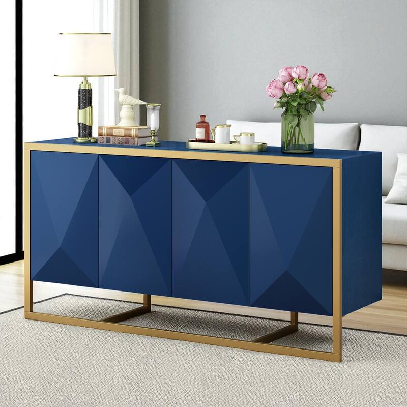 Modern Mahogany Veneer Sideboard Cabinet with Metal Legs and Irregular Doors for Entryway or Foyer