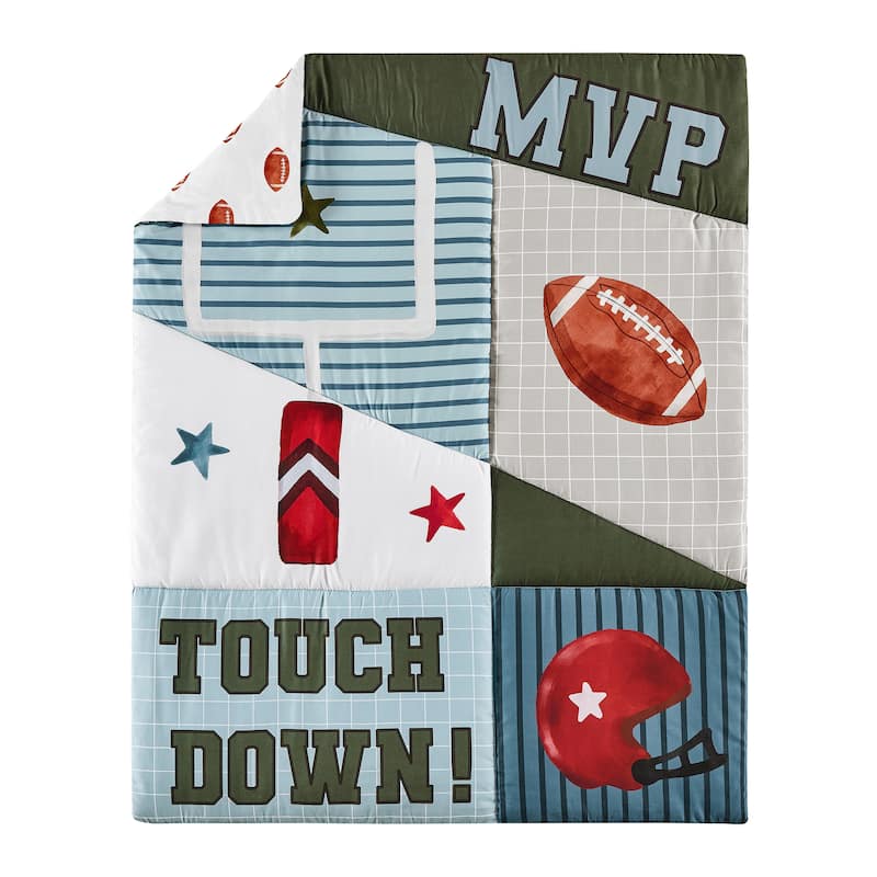 Sweet Jojo Designs American Football MVP Boy 5p Toddler-size Comforter Set Green Blue Red Vintage Helmet Field Goal Sports Stars