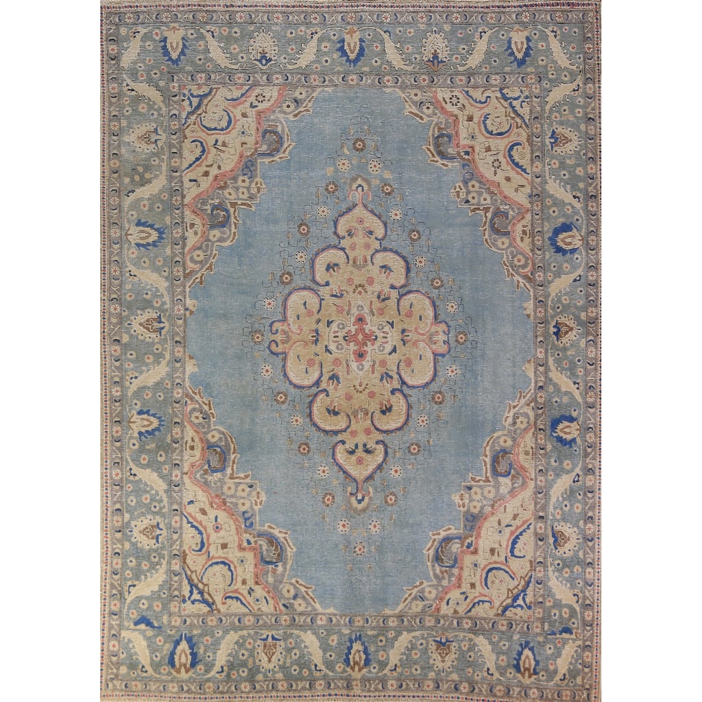 Medallion Tabriz Persian Area Rug Hand-Knotted Light Blue Wool Carpet - 8'5"x 11'2"