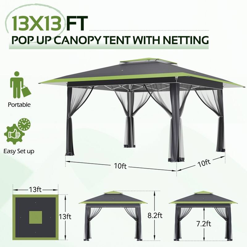 13x13 FT Pop Up Canopy Tent with Netting, UPF 50+ Outdoor Canopy with Automatic Eaves & One-Push Lock, for Patio & Parties