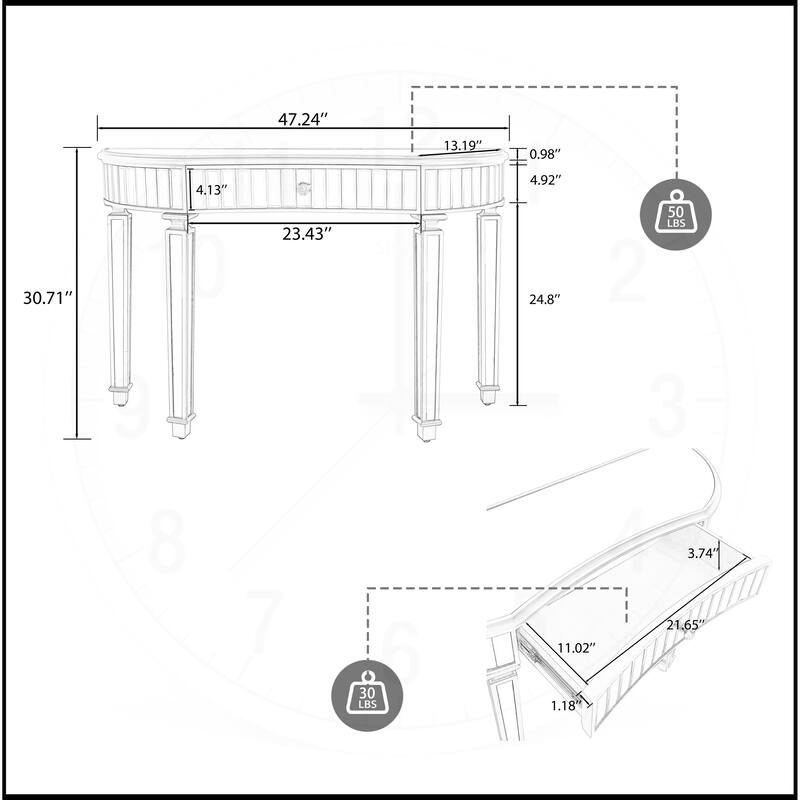 47" Half-Moon Mirrored Console Table with Fluted Glass