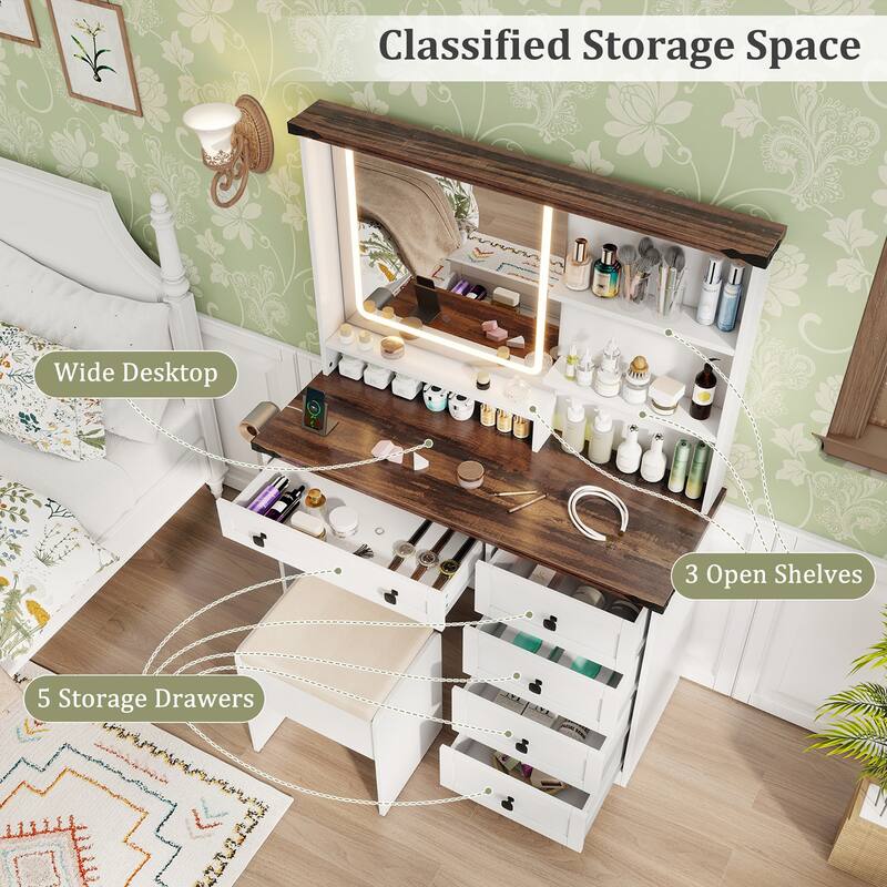 Gymax Farmhouse Vanity Set w/ Mirror and Lights Dressing Table & Chair