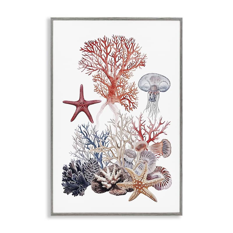 Stupell Aquatic Animals & Coral Framed Giclee Art Design By Ramona Murdock - 20 x 30 - Grey