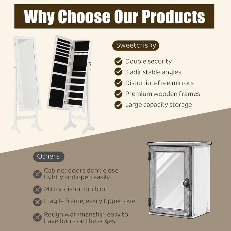 Jewelry Armoire Organizer with Full Length Mirror, Floor Standing Jewelry Cabinet, Lockable Jewelry Storage Box Cabinet