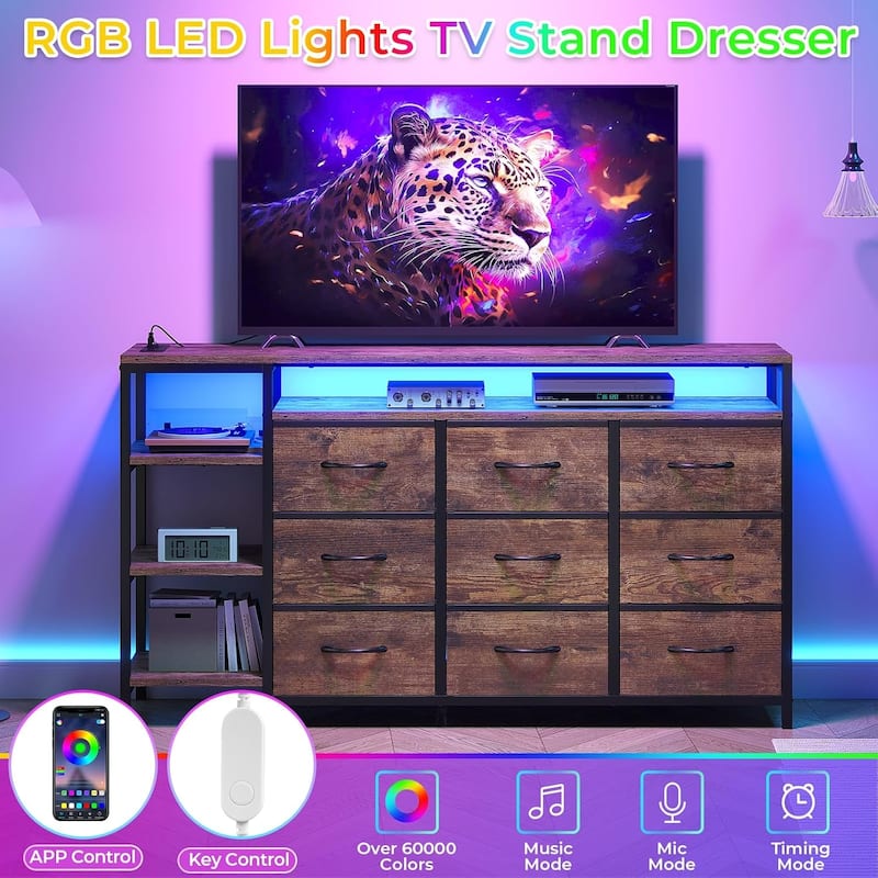 TV Stand Dresser for Bedroom LED Lights Charging Station Fabric Drawers