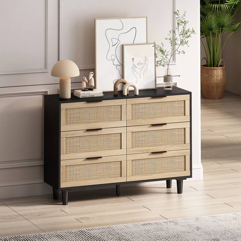 6-Drawers Rattan Storage Cabinet for Bedroom and Living Room