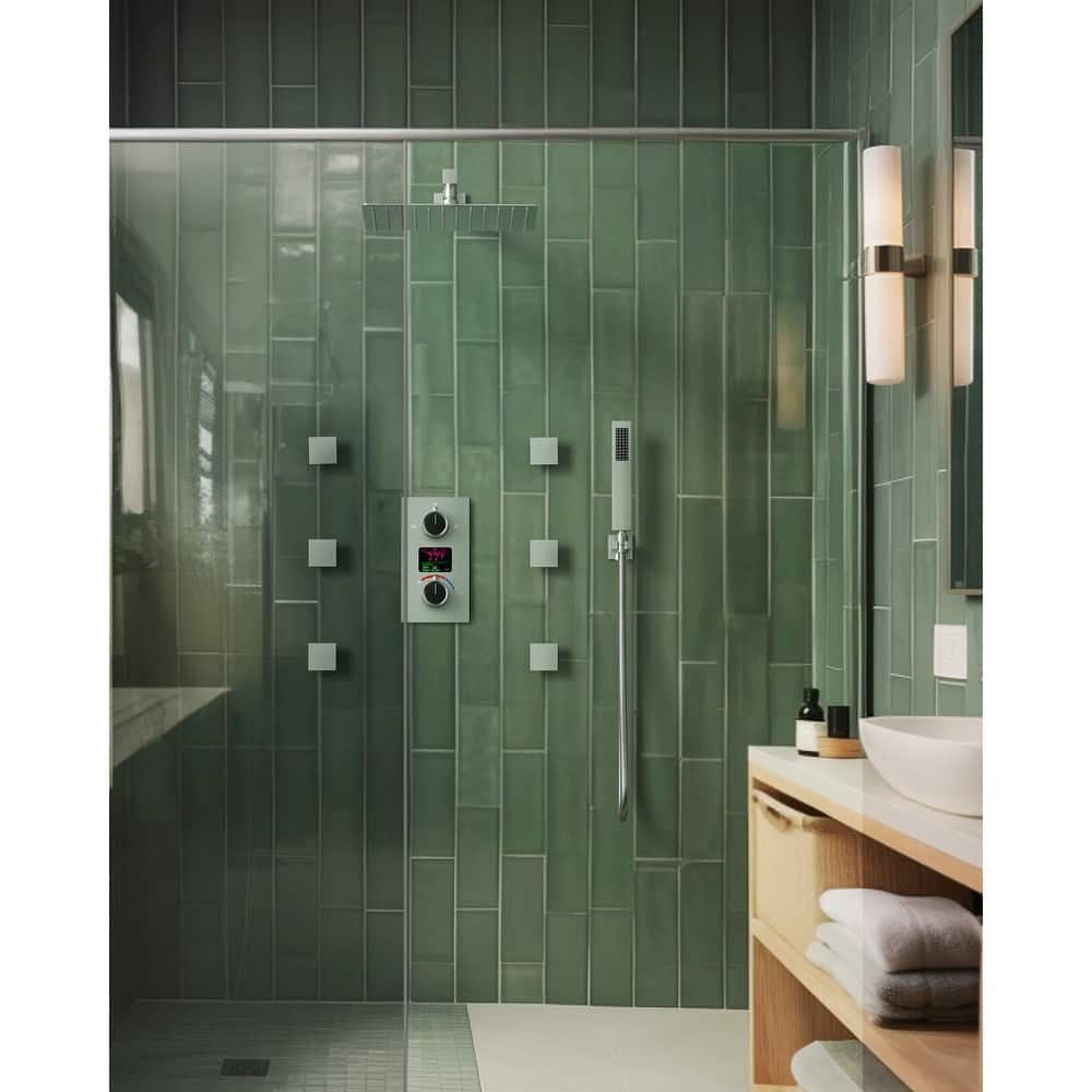 GRANDJOY 12 Inch Wall Mounted Digital Temperature Display Shower System Rainfall Shower Head with 6 Body Jets