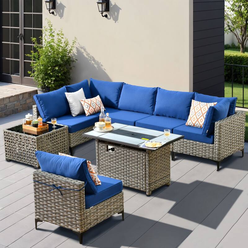 XIZZI 8-Piece Outdoor Wicker Furniture Sectional Set with Firepit - Navy Blue