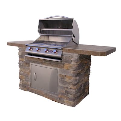 4-Burner, 7 ft. Stone Veneer Propane Grill Island in Stainless Steel