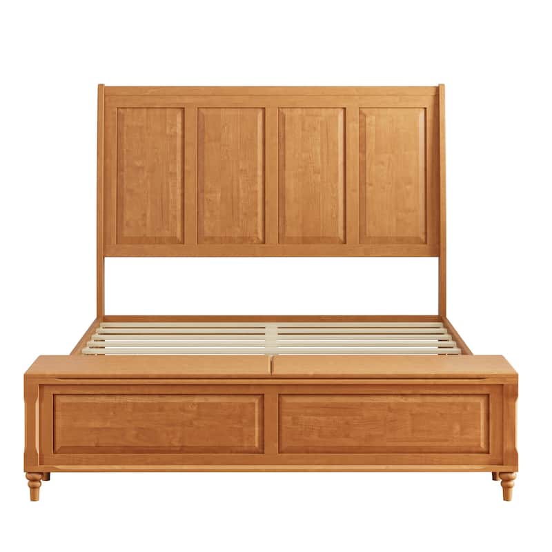 GDFStudio - Traditional Solid Wood Sleigh Bed Frame with High Paneled Headboard & Storage Chest Bench, No Box Spring Needed