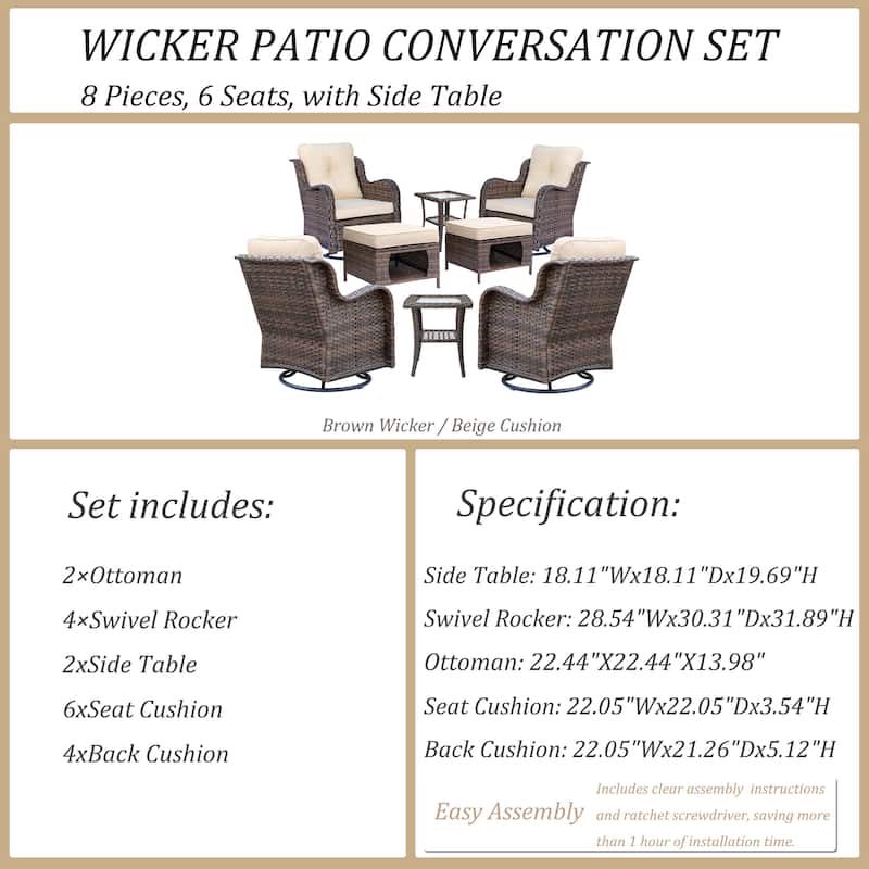 8 Piece Outdoor Patio Swivel Glider Chairs Ottoman Set with Side Table
