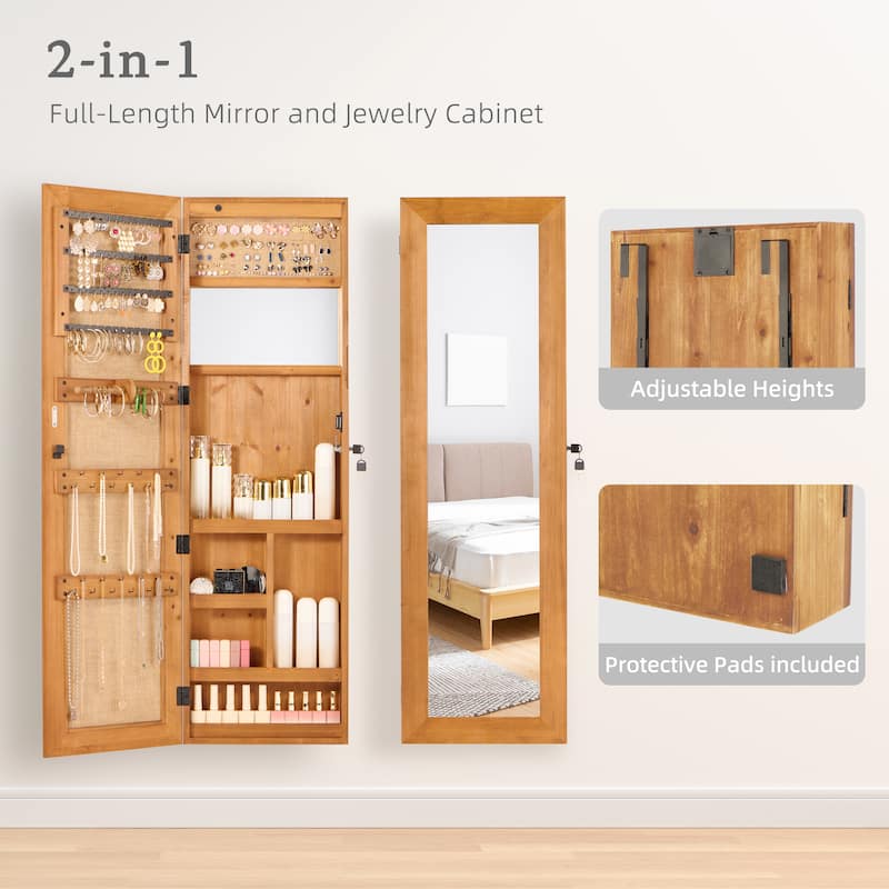 Wall-Mounted Solid Wood Jewelry Cabinet with Full-Length Mirror, 47.5x14.3 Inch, Lockable Organizer with LED Lighting‌.
