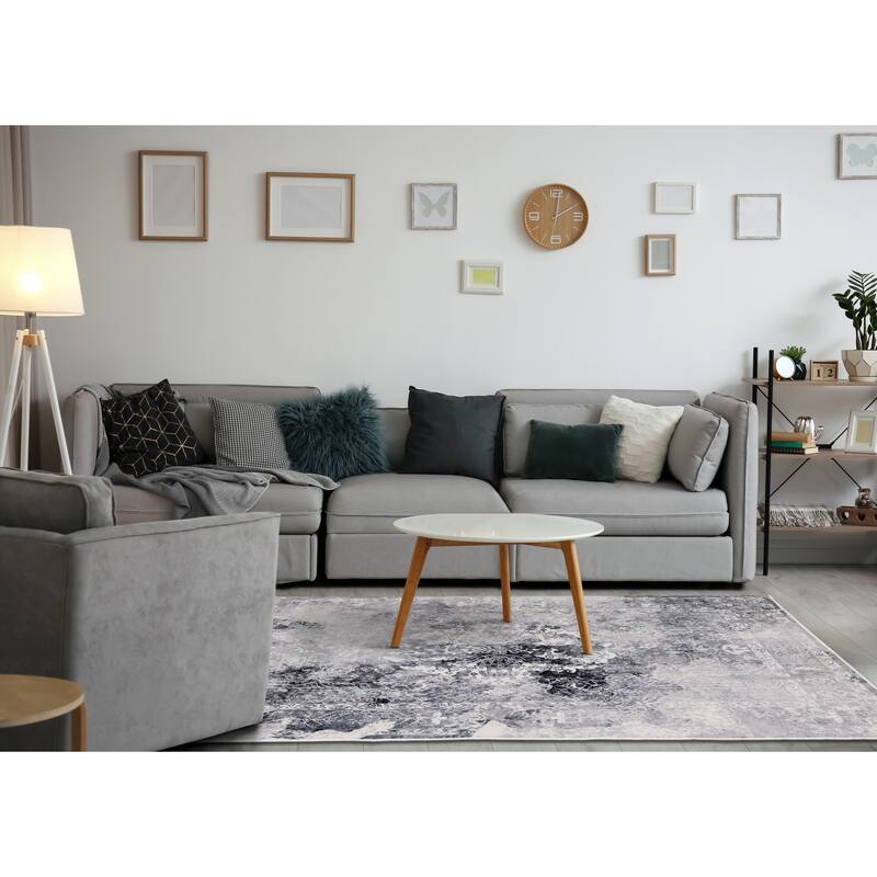 Sheffield Collection - Blue/Grey/Cream Distressed Border Rug