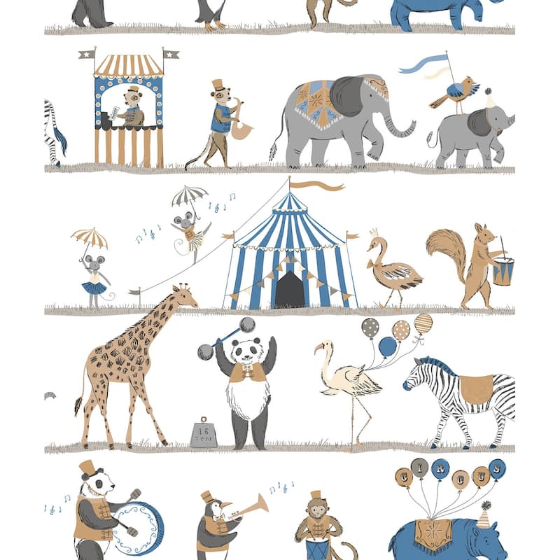Galerie Wallcoverings Just 4 Kids 2 Circus Animals Non-woven Matte Wallpaper Roll - 33 feet x 21 inches - Blue