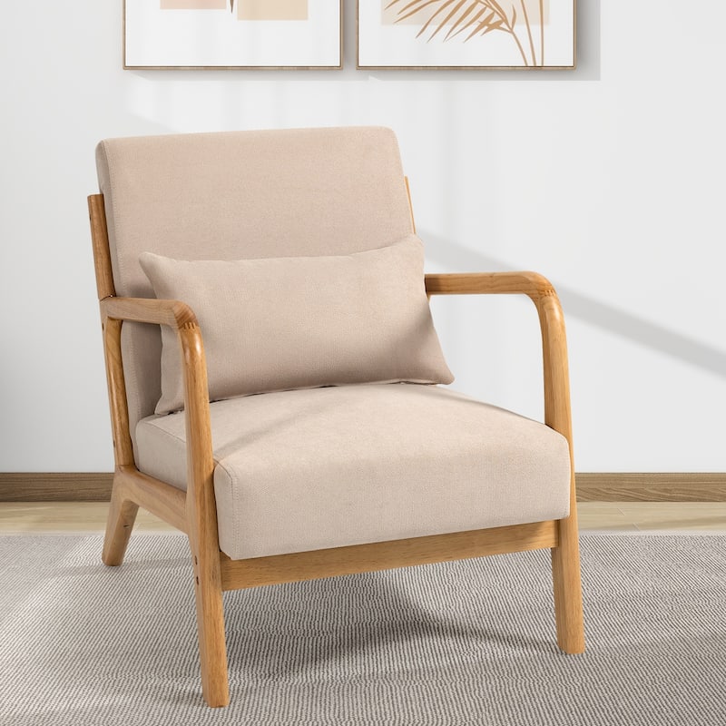 Beige Modern 23.2" Linen Upholstered Accent Chair with Solid Wood Legs and Pillows