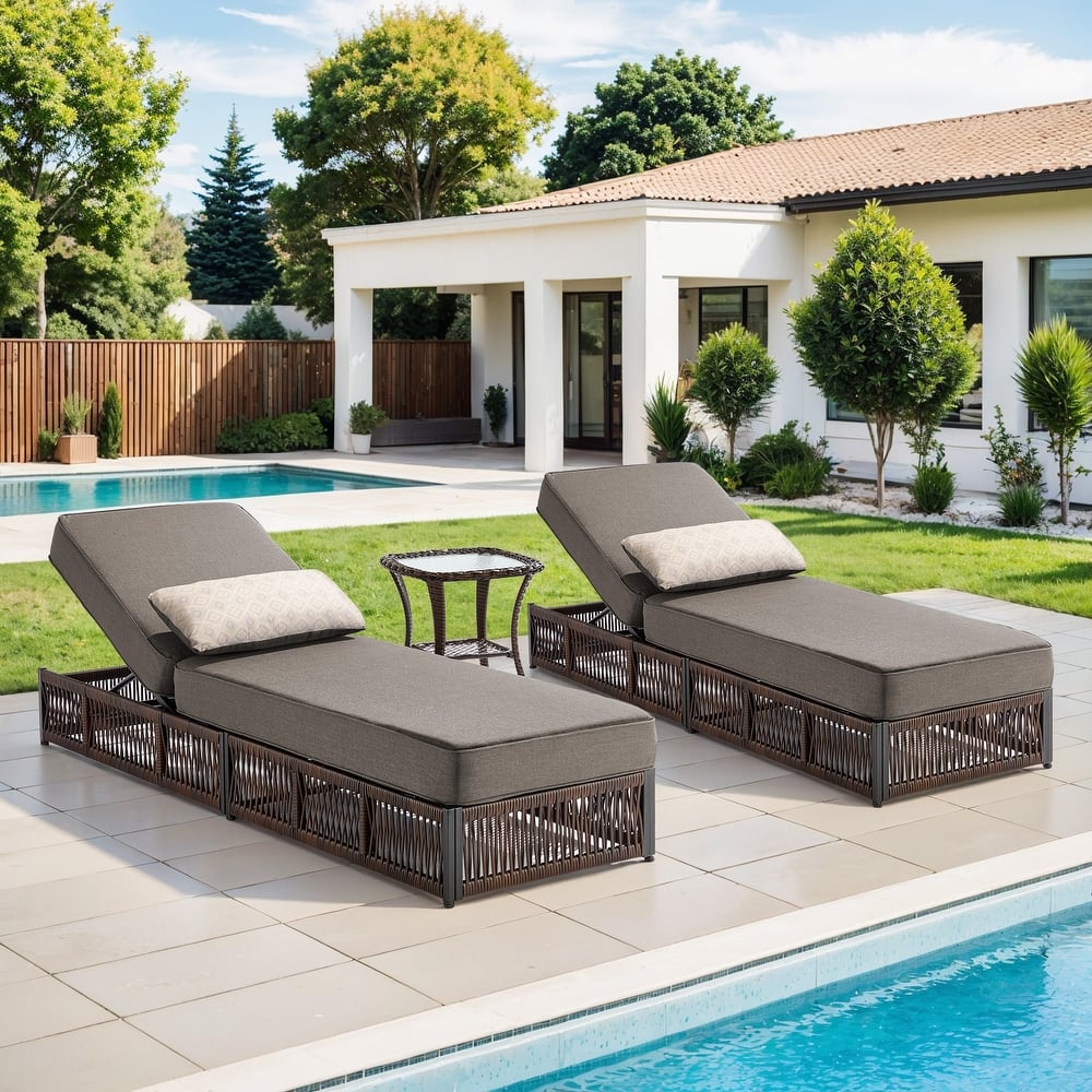 ArcoBay 3-Piece Brown Wicker Outdoor Patio Chaise Lounge with 5-Inch Thick Cushions and Side Table