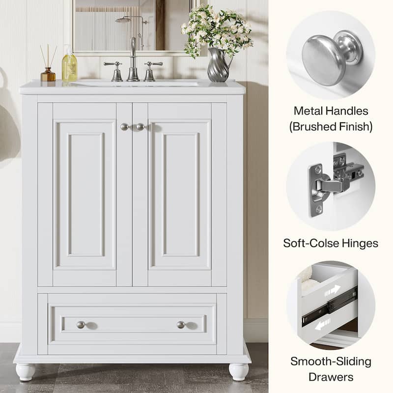 24'' Modern Freestanding Solid Wood Bathroom Vanity with Ceramic Sink, Adjustable Shelf Storage