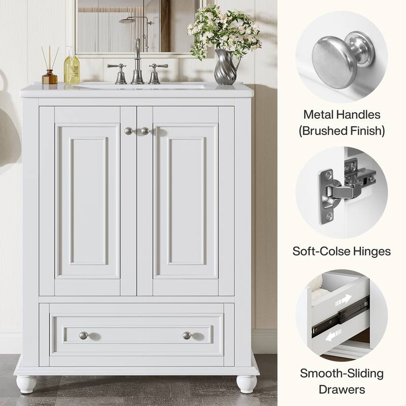 24 Inches Solid Wood Modern Bathroom Vanity with Ceramic Sink, Adjustable Shelf Storage