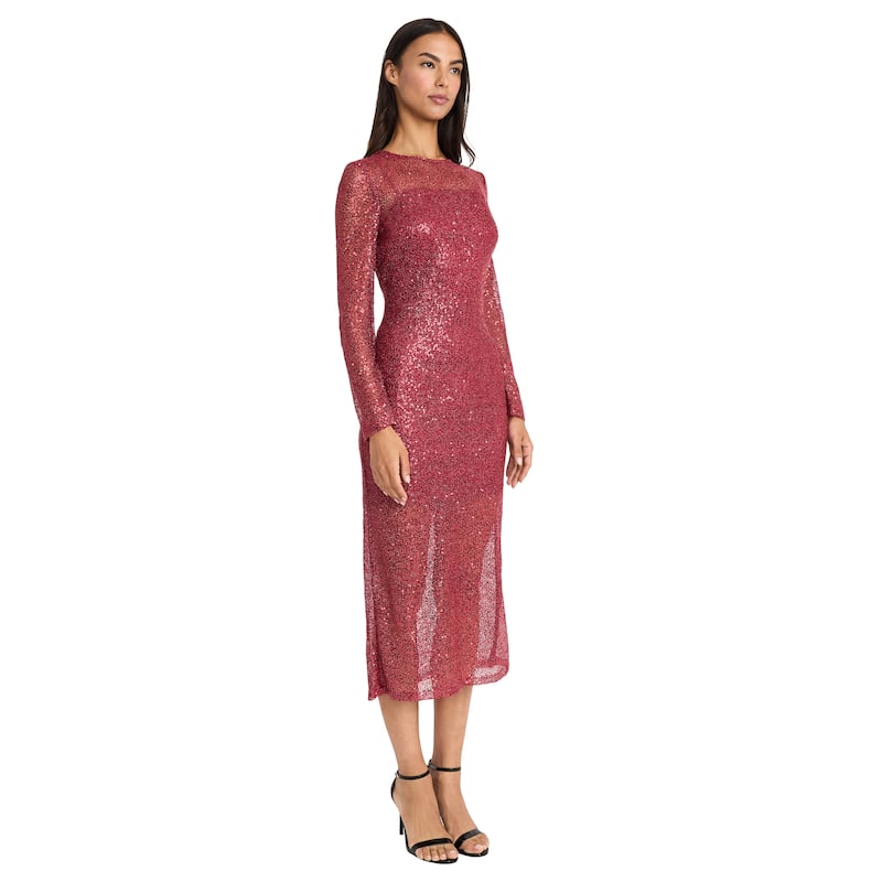 Women's Long Sleeve Sequin Sheath Dress - Sparkly Midi Cocktail Party Dresses - Savvy Red - 2