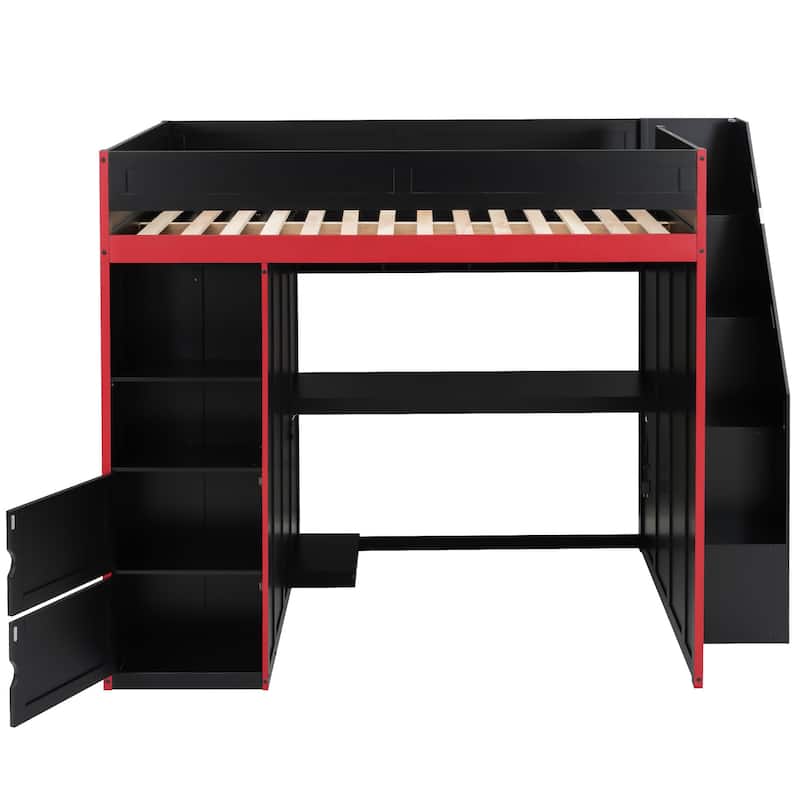 GDFStudio - Wooden Loft Bed with LED Desk, USB Ports and Dual Storage Drawers