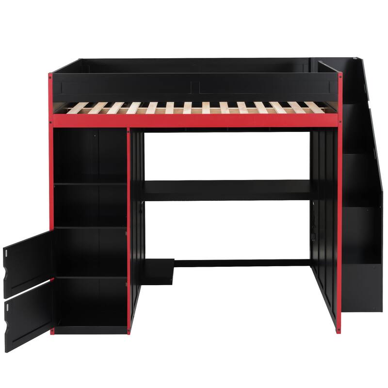Roomfitters Twin/Full Gaming Loft Bed with Desk, Storage Locker and LED Lights, Black