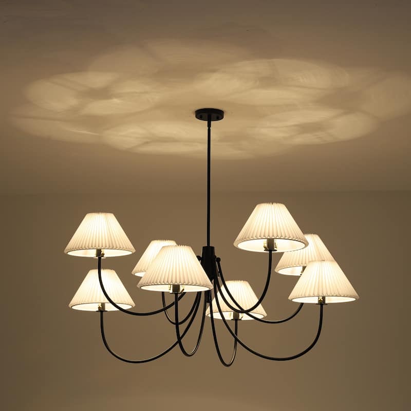 8/5-Light Mid-Century Modern Gold/Black Chandelier with Pleated Fabric Lampshades Hanging Light for Living Room, Dining Room