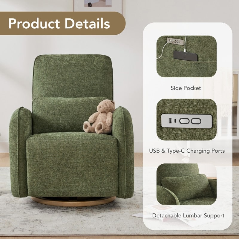 Spruce & Spring Power Swivel Recliner Chair Nursery Glider with Lumber Pillow