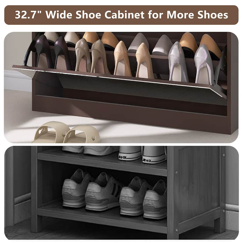 Mirror Shoe Cabinet with 2 Flip Drawers & Barn Door Design, Freestanding Shoe Cabinet Organizer with Drawer and Shelves