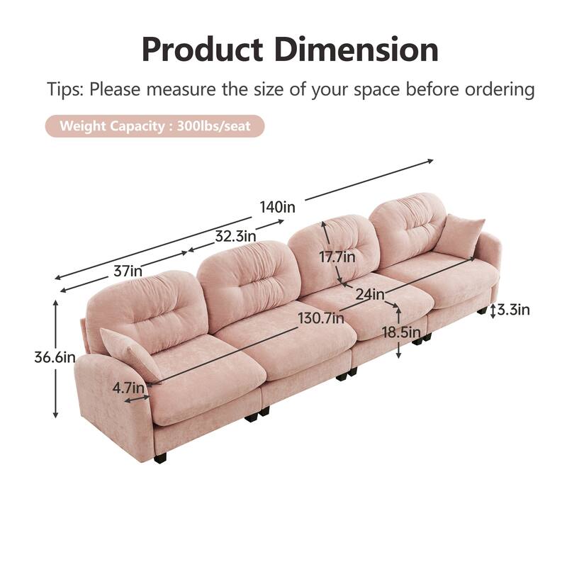 Sectional Sofa with Tufted Backrest, Chaise Lounge Sofa with 2 Throw Pillows, Four-Seater Recliner Sofa for Living Room