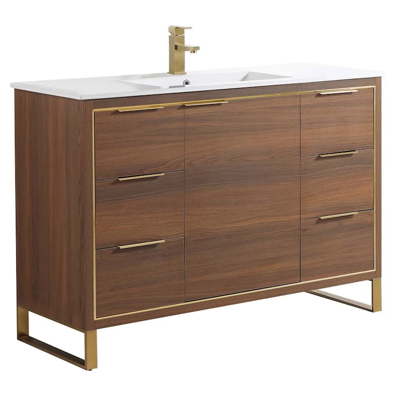 Fine Fixtures Opulence Collection Bathroom Vanity with White Ceramic Sink - 48 Inch - Walnut Ebony - Satin Brass Hardware